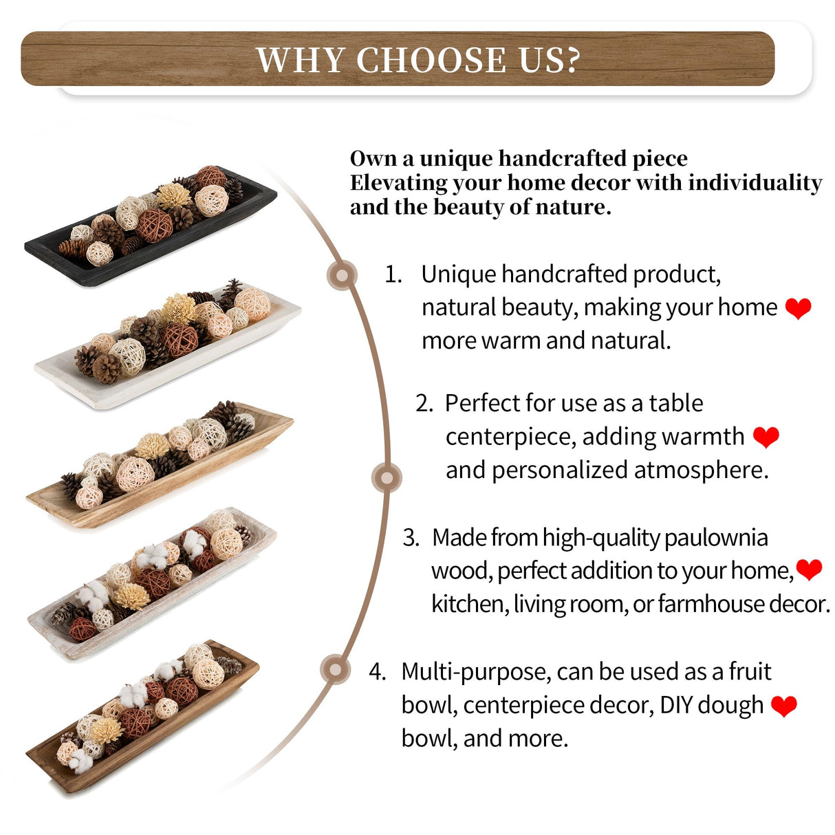 Hanobe Decorative Wood Dough Bowl: Large Long Wooden Centerpiece Table Decorations Natural Candle Holder Tray Decor Rustic Unfinished Centerpieces for Dining Room Kitchen Fruit Bowls, White Hanobe