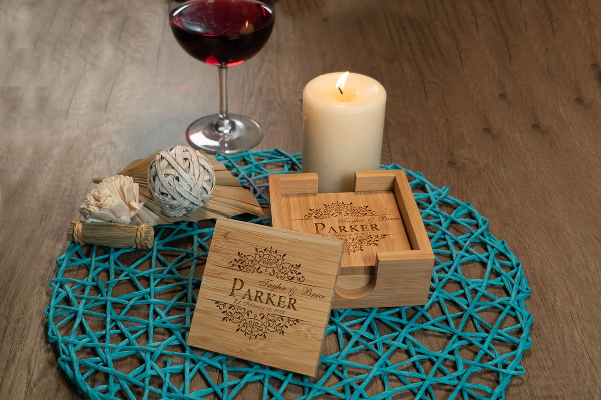 Tayfus Personalized Bamboo Coasters, Set of 4 Square Custom Coaster with Holder, Customized Gift Ideas For Christmas, Anniversary, Housewarming, Birthday, Engagement, Wedding Tayfus