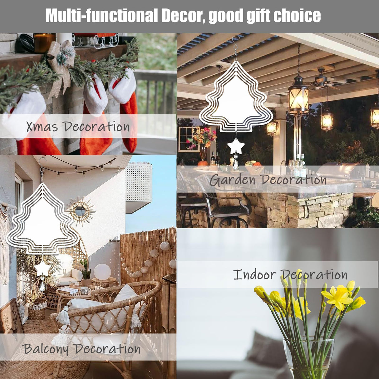 WindMage 4Pack 8inch Sublimation Wind Spinner Blanks 3D Aluminum Metal Wind Sculpture Kinetic Spinners for Yard and Garden Indoor Art Sublimation Christmas Ornament Hanging Decoration (Xmas Tree) WindMage