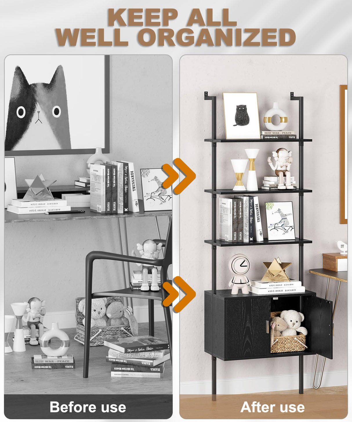 Gadroad 73" Tall Bookshelf with Cabinet, Wall Mounted Industrial Ladder Bookcase with Wood and Metal Frame, 5 Tier Plant Shelf Display Storage Shelves for Living Room Bedroom, Black Gadroad