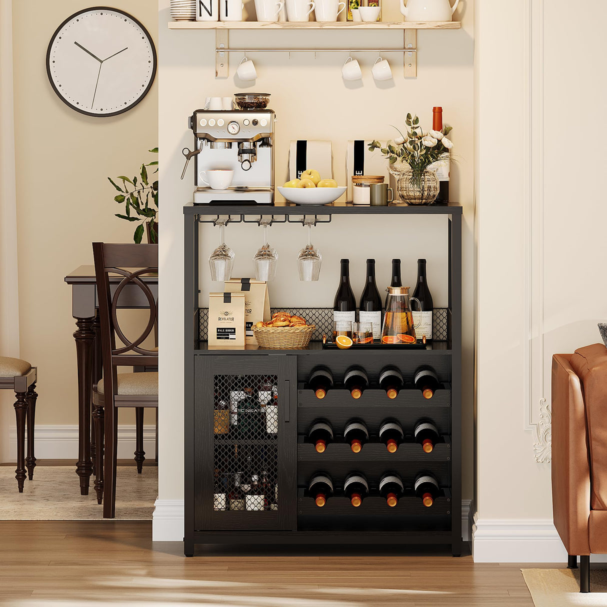GarveeHome 3-Tier Wine Bar Cabinet with LED Lights, Detachable Wine Rack and Storage Space, Buffet Cabinet with Glass Holder and Mesh Door, for Kitchen, Living Room and Bar, Black GarveeHome