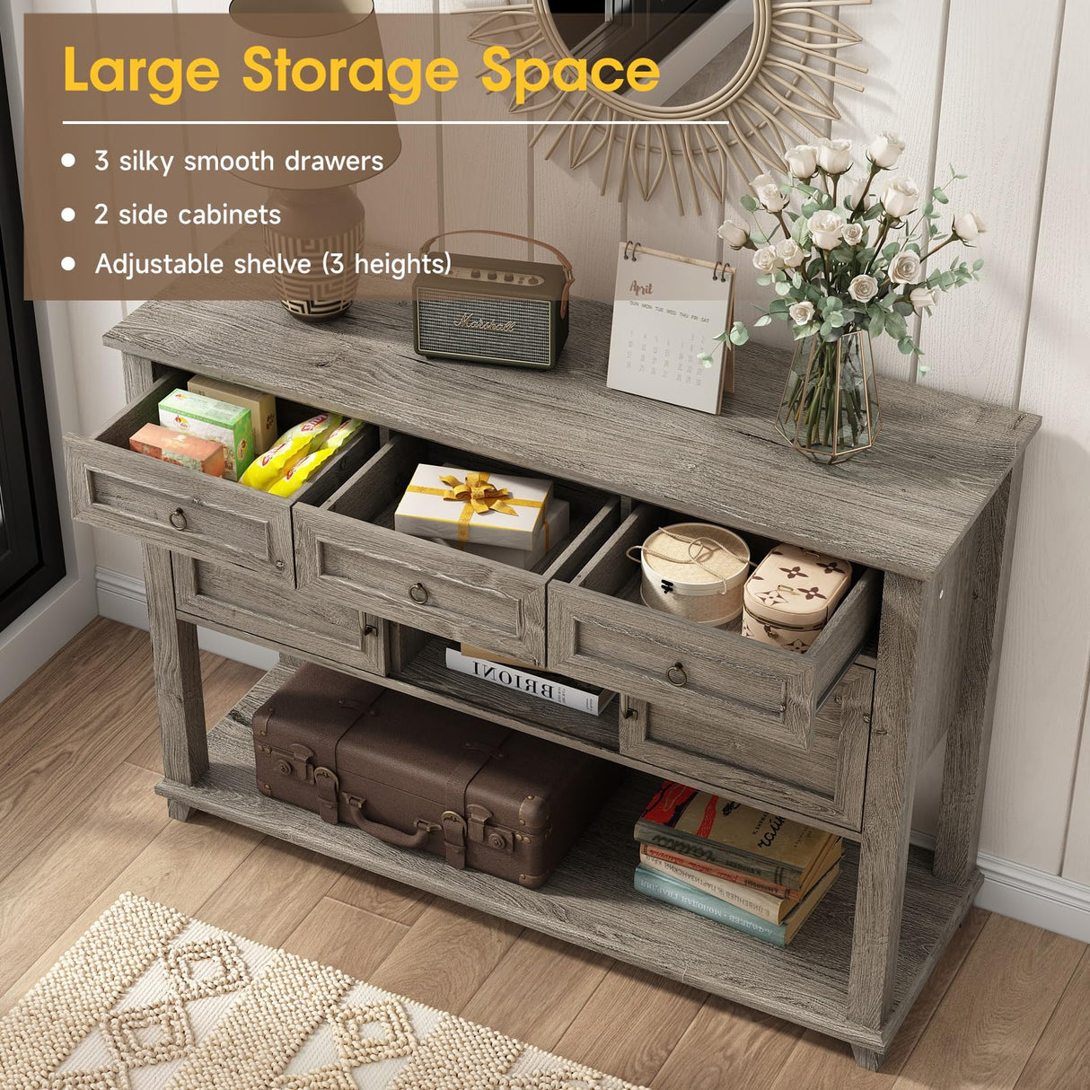 Vabches Farmhouse Entryway Table with Storage, 47" Modern Console Table with Sliding Barn Door & Drawers, Wood Rustic Sofa Table for Living Room, Entryway, Hallway, Washed Grey Vabches