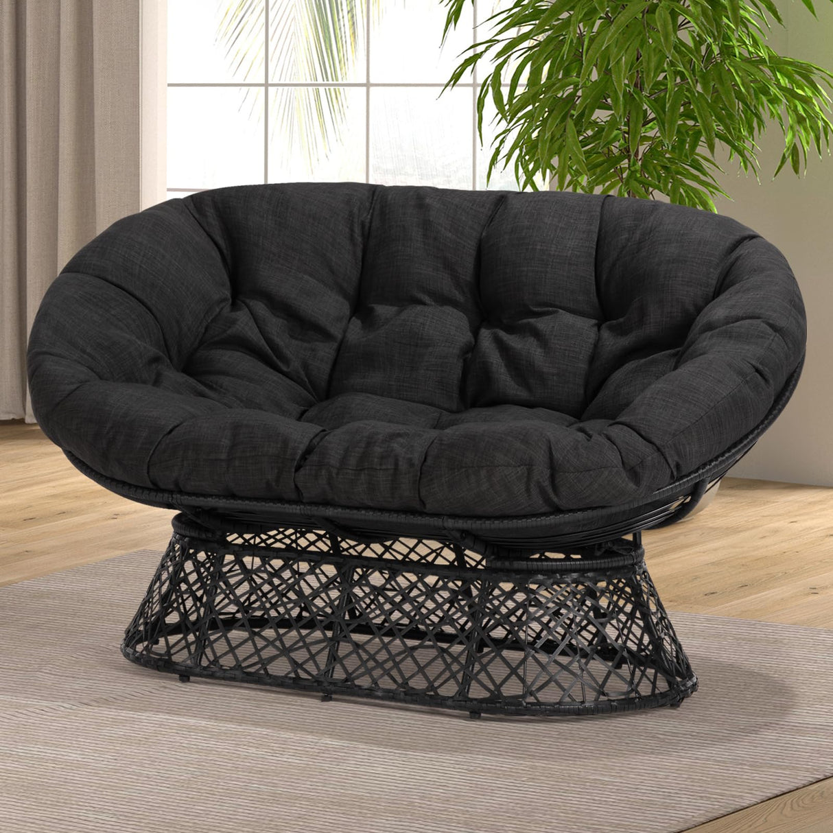 Bme 61" Black - Black Frame Capacity 600lbs Double Papasan Ergonomic Wicker Papasan Chair with Soft Thick Density Fabric Cushion, High Capacity Steel Frame for Living, Bedroom Bme