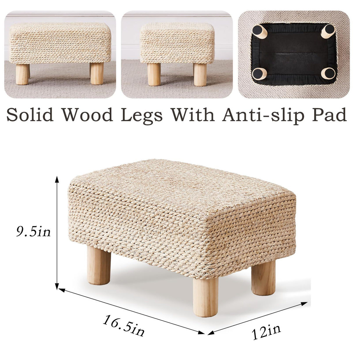 Cpintltr Foot Stool Ottoman Rectangular Footrest Pouf Ottomans Natural Seagrass Footstool with Wooden Legs Hand Weave Step Stool for Living Room Bedroom Entryway Natural White Cpintltr