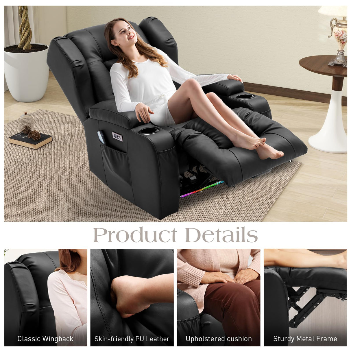 Power Recliner Chairs for Adults with Massage and Heat,Single Faux Leather Recliner Chair Sofa Reclinable Home Theater Seating with LED Lights,Cup Holders,Reclining Chair for Living Room (Black) Generic