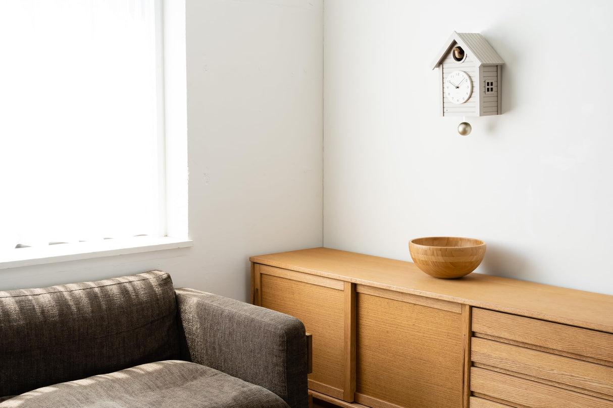 Cuckoo Clock Japanese Handcrafted Solid Wood Pendulum Wall Clock Silent Non-Ticking Hourly Chime Function Battery Operated Modern Decorative for Living Room Bedroom Kids Cuckoo CLOCK CH-059 (GRAY) INTERZERO