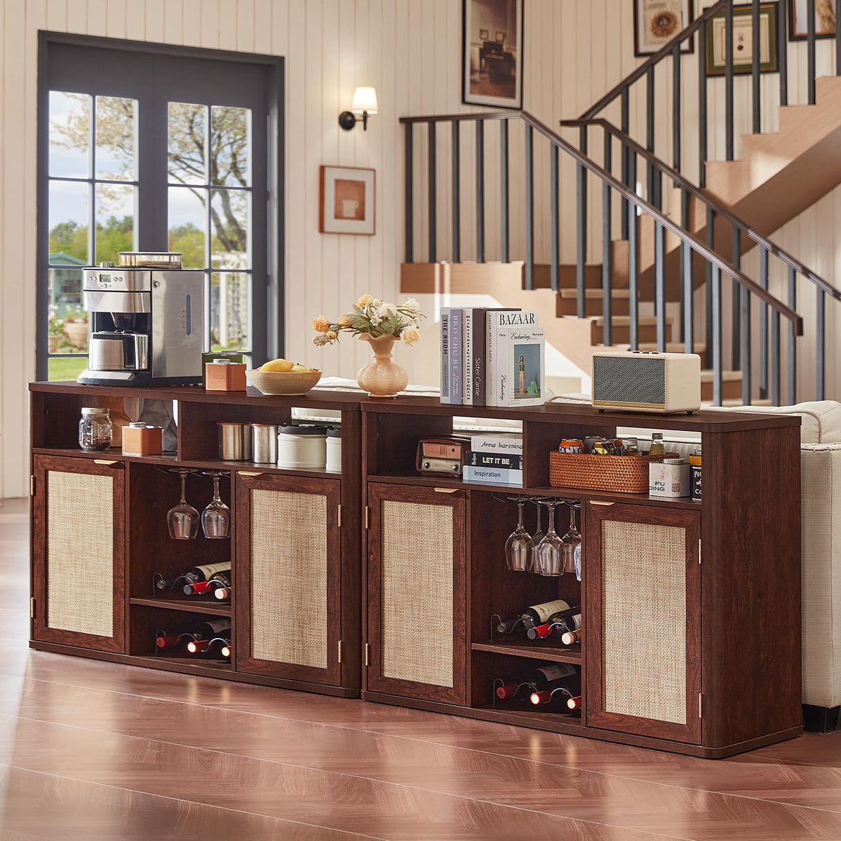 Lerliuo Rattan Wine Cabinet with 2 Doors, Boho Liquor Cabinet with Wine Racks, Farmhouse Coffee Bar Station for Living Room, Dining Room, Kitchen, Walnut Lerliuo