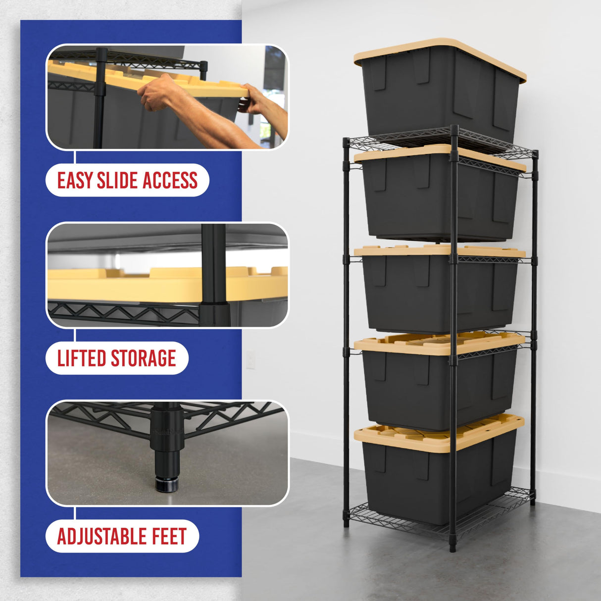 SafeRacks 5-Tier Steel Tote Rack - Maximize Space, Declutter, Organization, NSF Certified, Bin Storage for Garage, Pantry, Kitchen, Workspace, 5 Shelves, 31″ x 23″ x 68″, Black SafeRacks