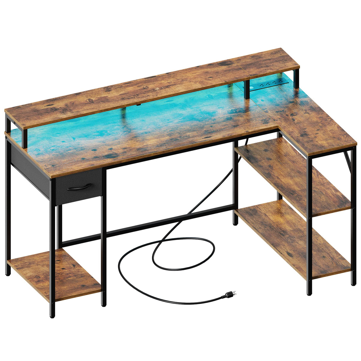 SUPERJARE 53 Inch L Shaped Desk with LED Lights & Power Outlets, Reversible Computer Desk with Shelves & Drawer, Corner Desk Home Office Desk, Rustic Brown SUPERJARE