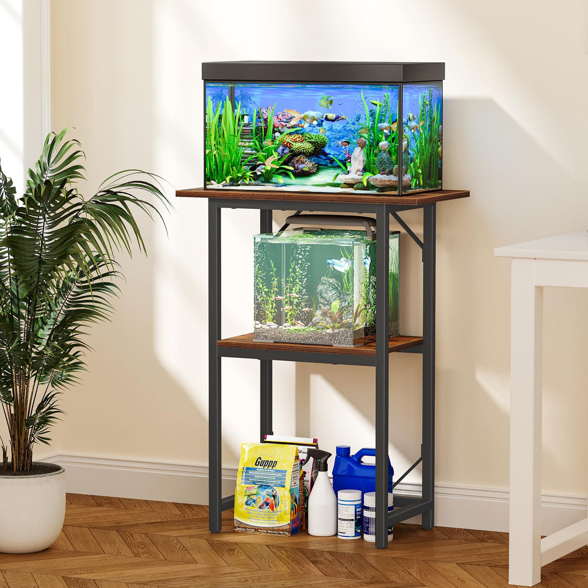 Snughome 10-20 Gallon Fish Tank Stand, Aquarium Stand 2-Tier Storage Shelves, Heavy Duty Terrarium Stand for Home Office Fish Tank Shelf, 24" L x 11.8" W x 30.7" H, Rustic Brown Snughome