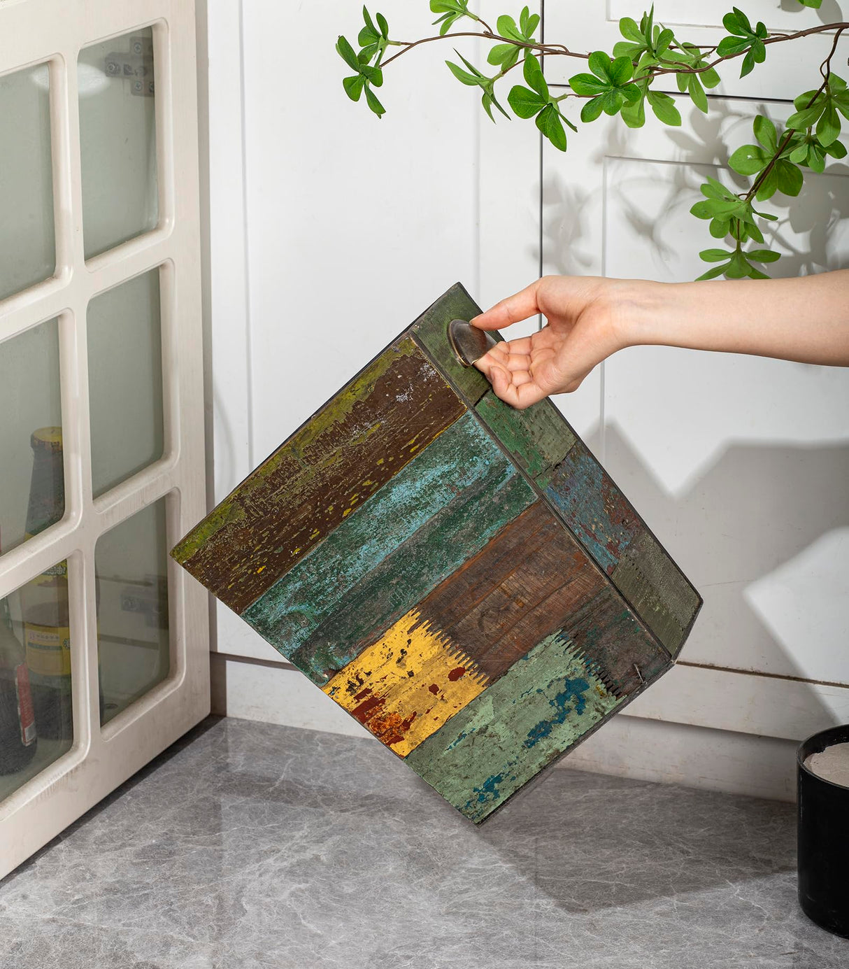 TIMRIS Small Wood Trash Can Wastebasket, Farmhouse Rectangular Garbage Can Waste Basket, Rustic Distressed Boho Wooden Trash Recycling Bin with Metal Handles, Reclaimed Wood Storage Basket (Random) TIMRIS