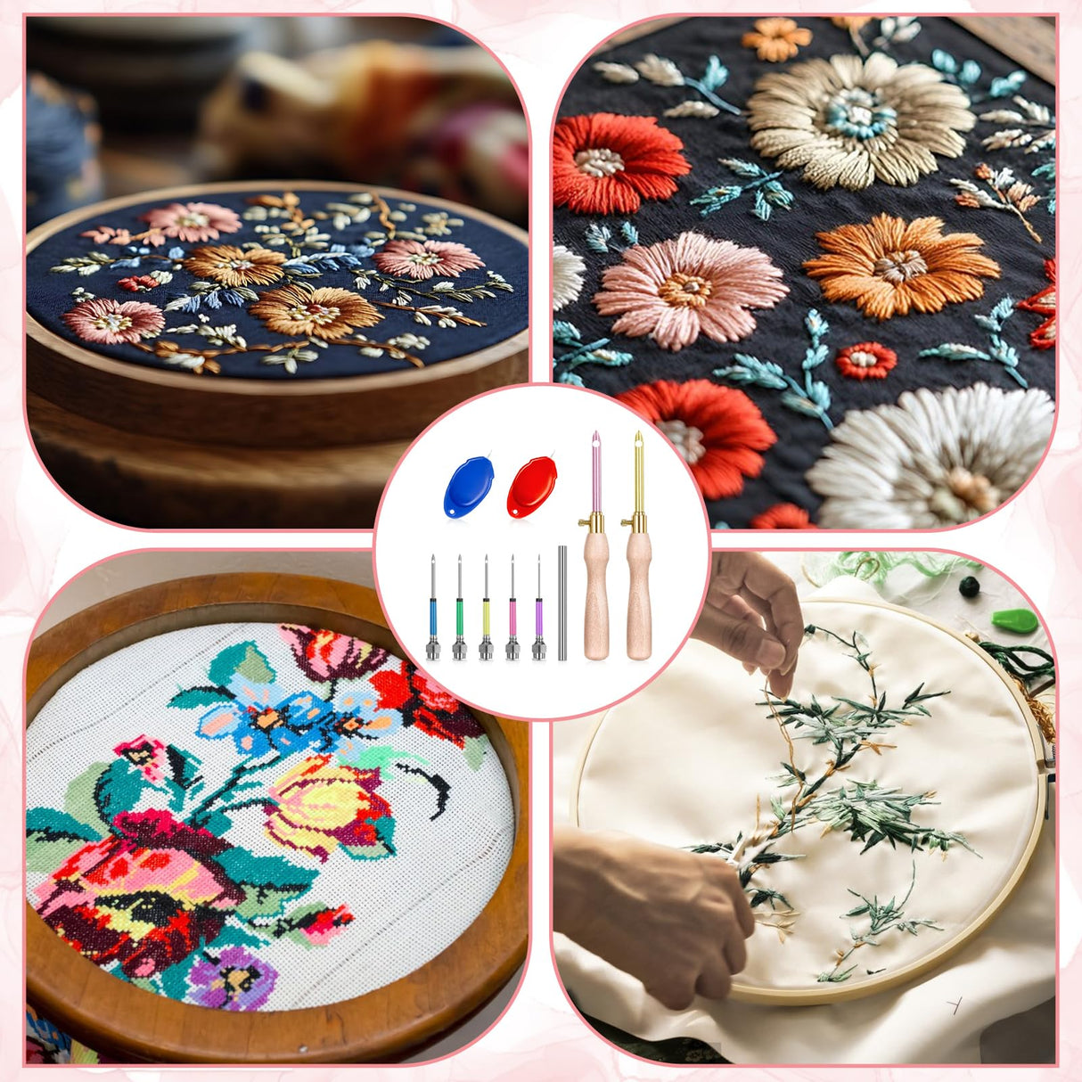 cobee 10 Pcs Punch Needle Kit, Adjustable 7 Size Punch Needle Tool Wooden Handles, Easy Stitch Embroidery Needle Sets Stitching Kit for Adult Beginners Flossing Cross Stitch DIY Craft cobee