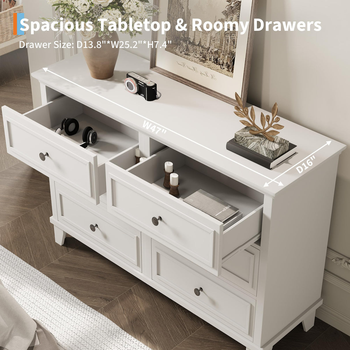 GarveeHome Farmhouse White Dresser for Bedroom with 6 Drawer, Double Dresser TV Stand with Vintage Handle, Wide Wood Dressers & Chests of Drawers, 6 Drawer Dressers for Bedroom, Living Room, Hallway GarveeHome