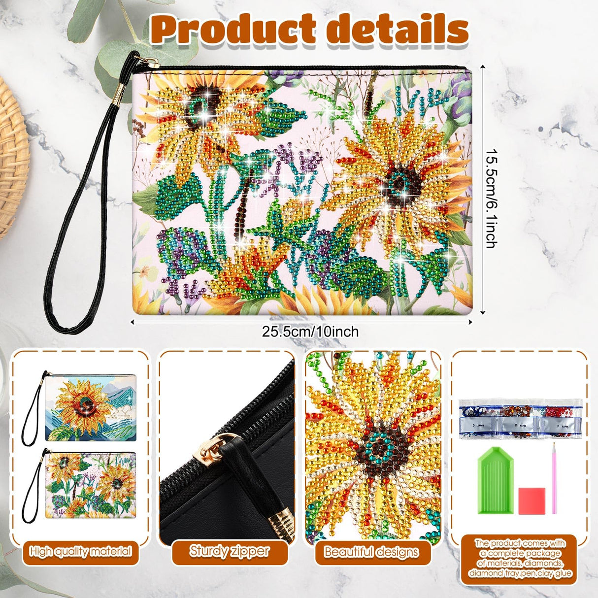 Geyoga 2 Pieces DIY Diamond Painting Purses 5D DIY Diamond Painting Handbag Diamond Art Wristlet Clutch Bag for Women Girls Art Craft Makeup Gift (Sunflower) Geyoga