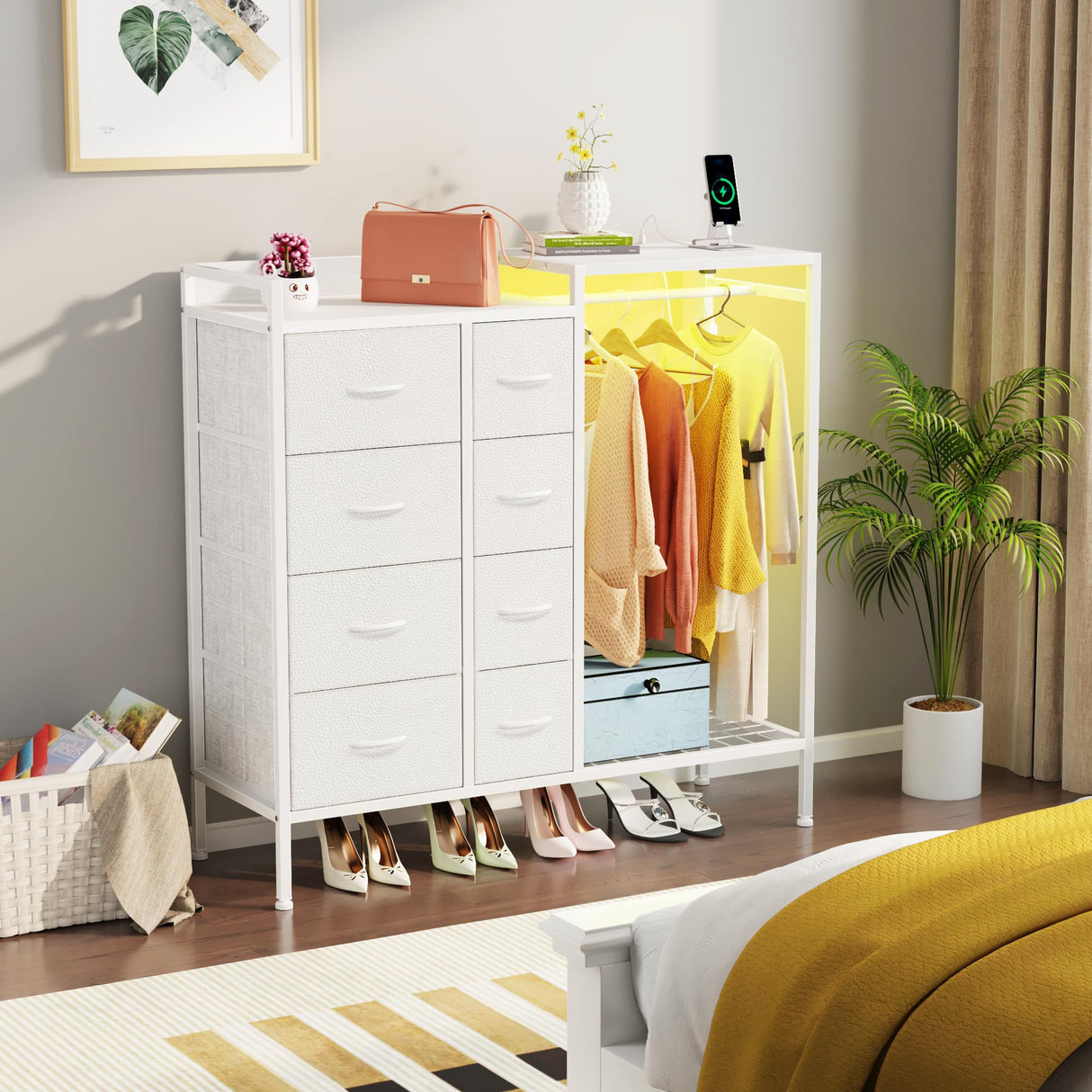 HIGDBFE Dresser with Hanging Rack, 8-Drawer Dresser for Bedroom with Charging Station & LED Lights, White Kids Dresser with Clothes Rack&Shoe Rack, Chest of Fabric Drawers for Bedroom, White HIGDBFE