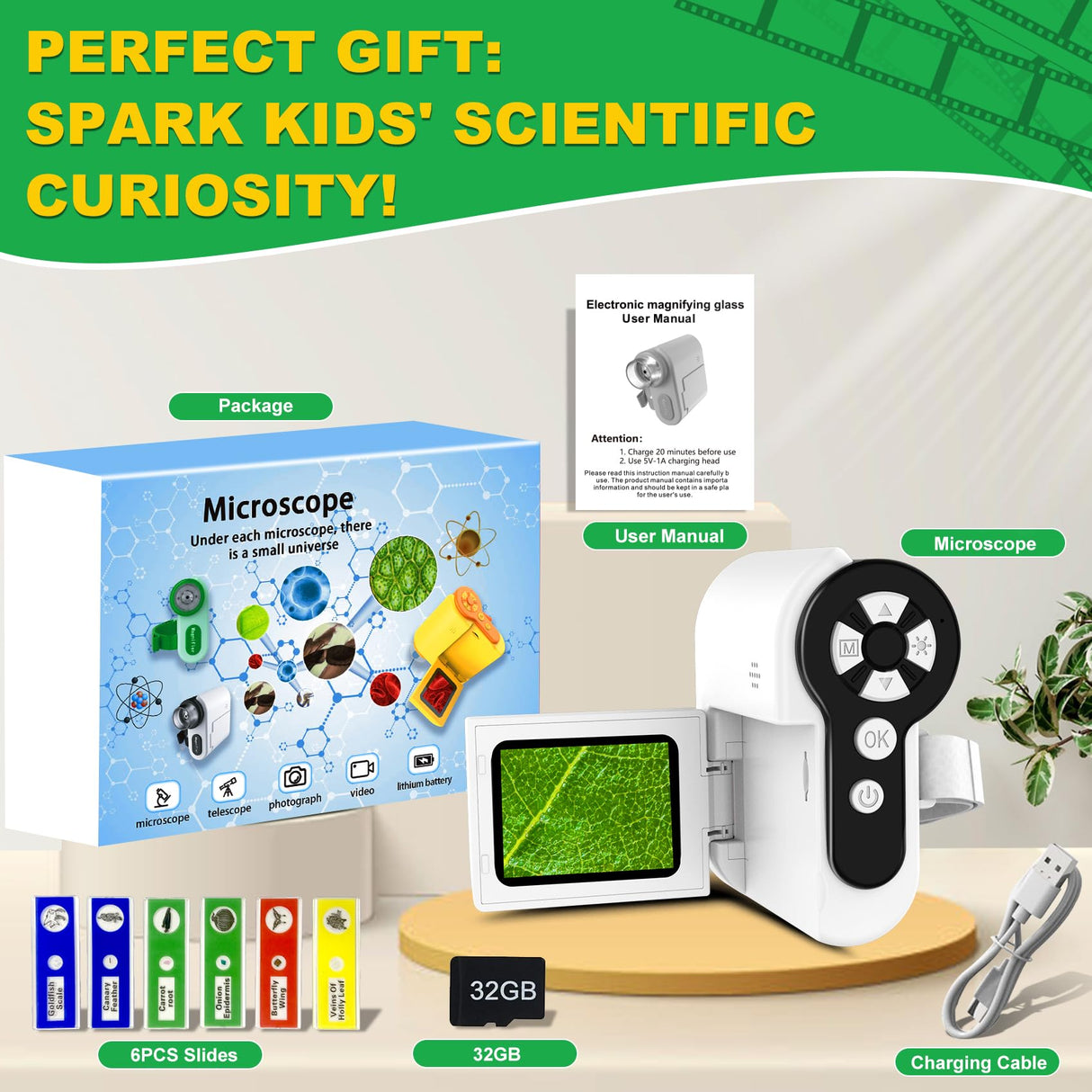 Laradola Microscope for Kids: Mini Pocket Digital Microscope 1000X Zoom Science Kits Learning & Educational STEM Toys for Age 3 4 5 6 7 8 10-12 Boys Girls Christmas Birthday Gifts Laradola