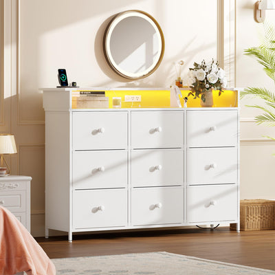 Nicehill Dresser for Bedroom with 9 Drawer,White Dresser with LED Light,TV Stand for Bedroom with Charging Station,Chests of Drawers for Bedroom Hallway,Closet (White)