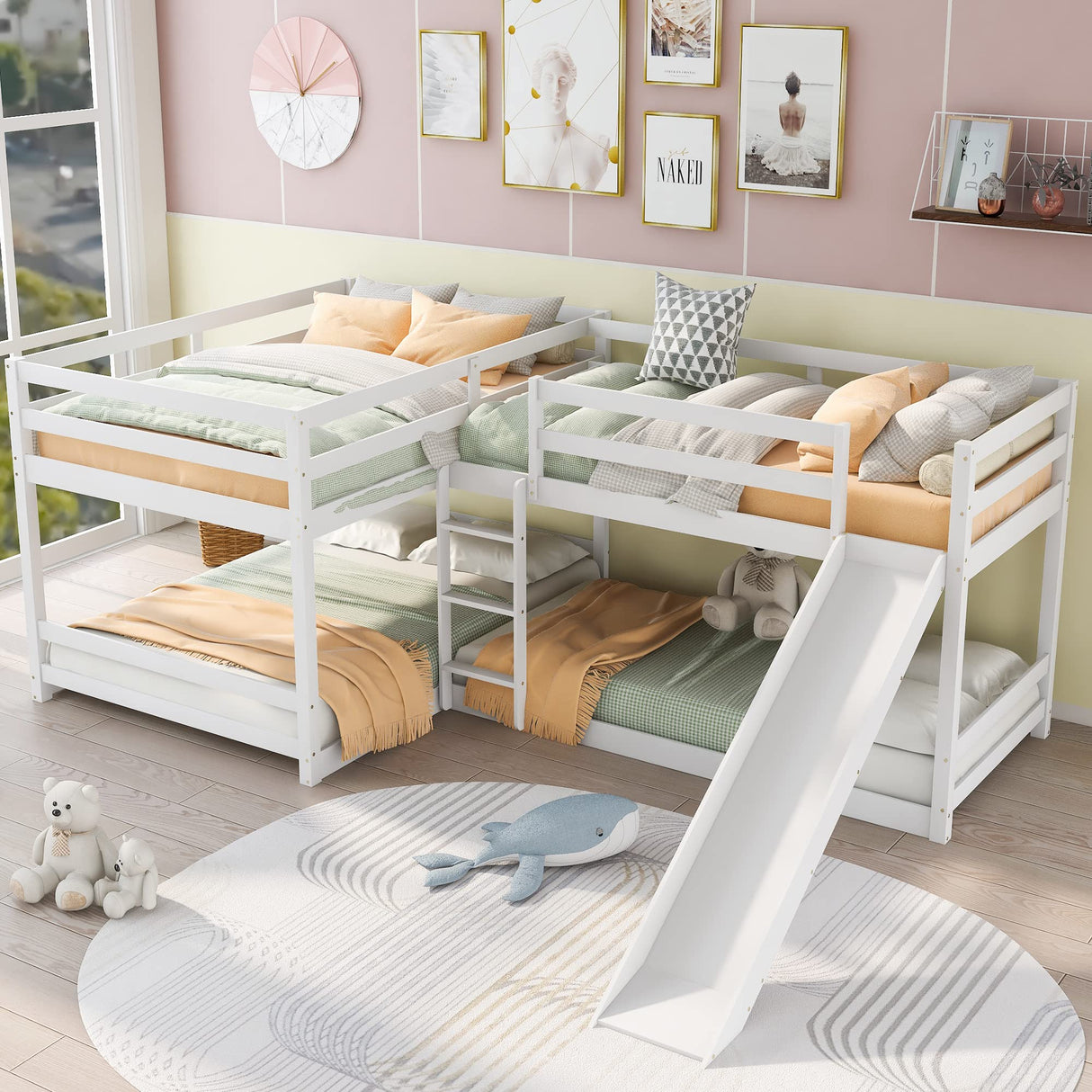 L Shaped Bunk Bed for 4, Wooden Quad With Slide, Full Over Full With Twin Over Twin Attached for Kids Girls Boys - White Bellemave