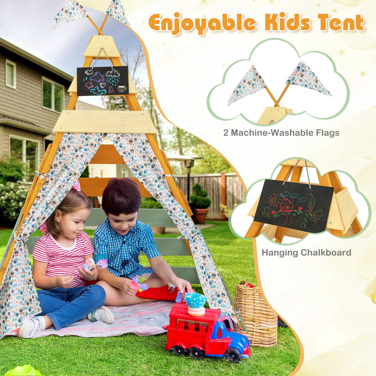 HONEY JOY Teepee Tent for Kids, Large Kids Play Tent w/Fir Wood Frame, Removable Chalkboard & Flags, Indoor Outdoor Playhouse Toddler Tent, 53.5" x 53" x 67", Kids Tent for Boys Girls 3-8 Years Old HONEY JOY