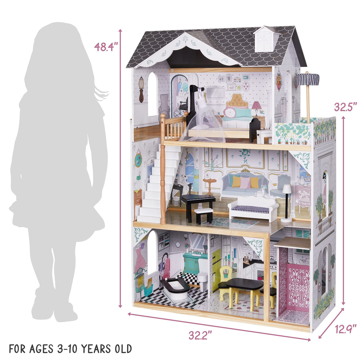 Lil' Jumbl X-Large 3-Story Wooden Dollhouse with Elevator, Balcony & Furniture Set Lil' Jumbl