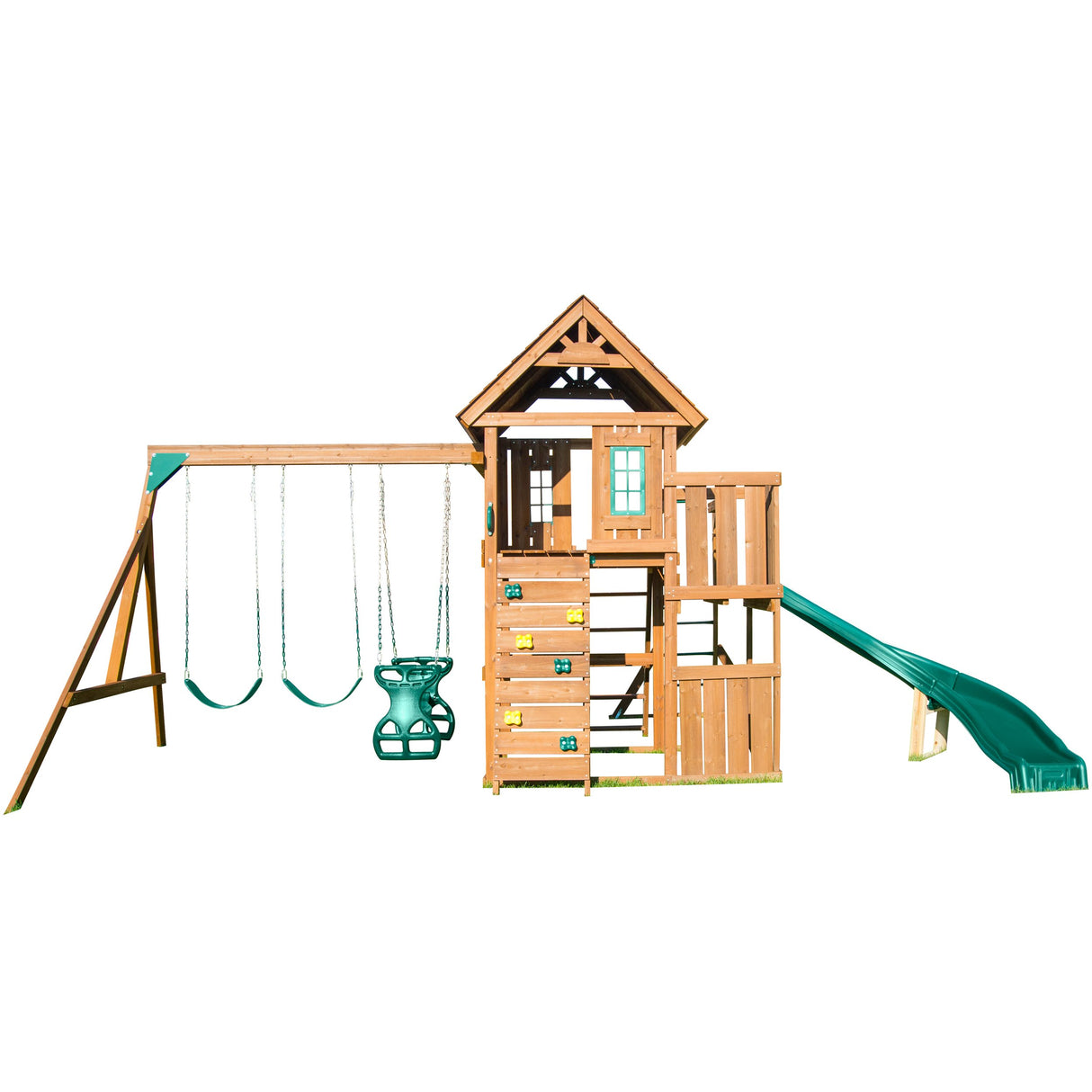 Swing-N-Slide PB 8272 Cedar Brook Wooden Swing Set Play Set with Two Swings, Slide, Monkey Bars, Picnic Table & Glider, Green Swing-N-Slide
