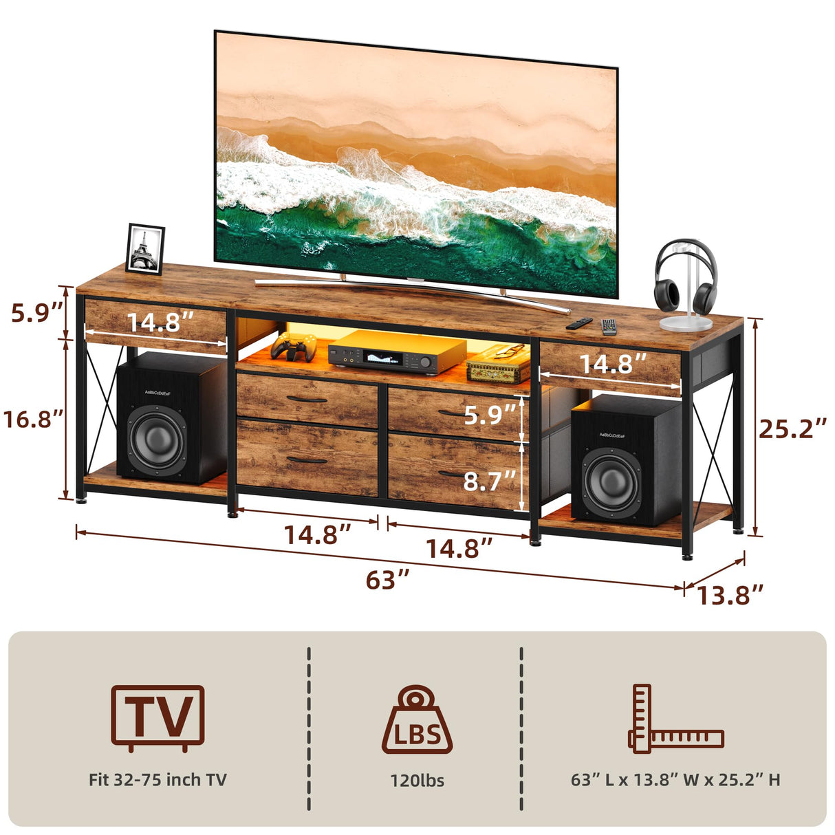 GYIIYUO LED TV Stand with 6 Fabric Drawers and Power Outlet for 65 70 75 Inch TVs, Entertainment Center with Open Storage Shelves, Dresser TV Stand for Bedroom/Living Room, Rustic Brown GYIIYUO