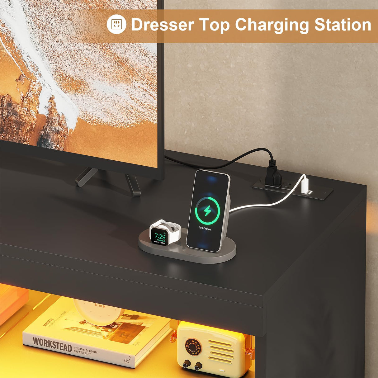 BTHFST Dresser Chest of Drawers with RGB Lights, Power Outlet & Open Shelves, 56.7" W Wood Bedroom Dresser, No-Handle Modern Dresser for Living Room Entryway, Black BTHFST