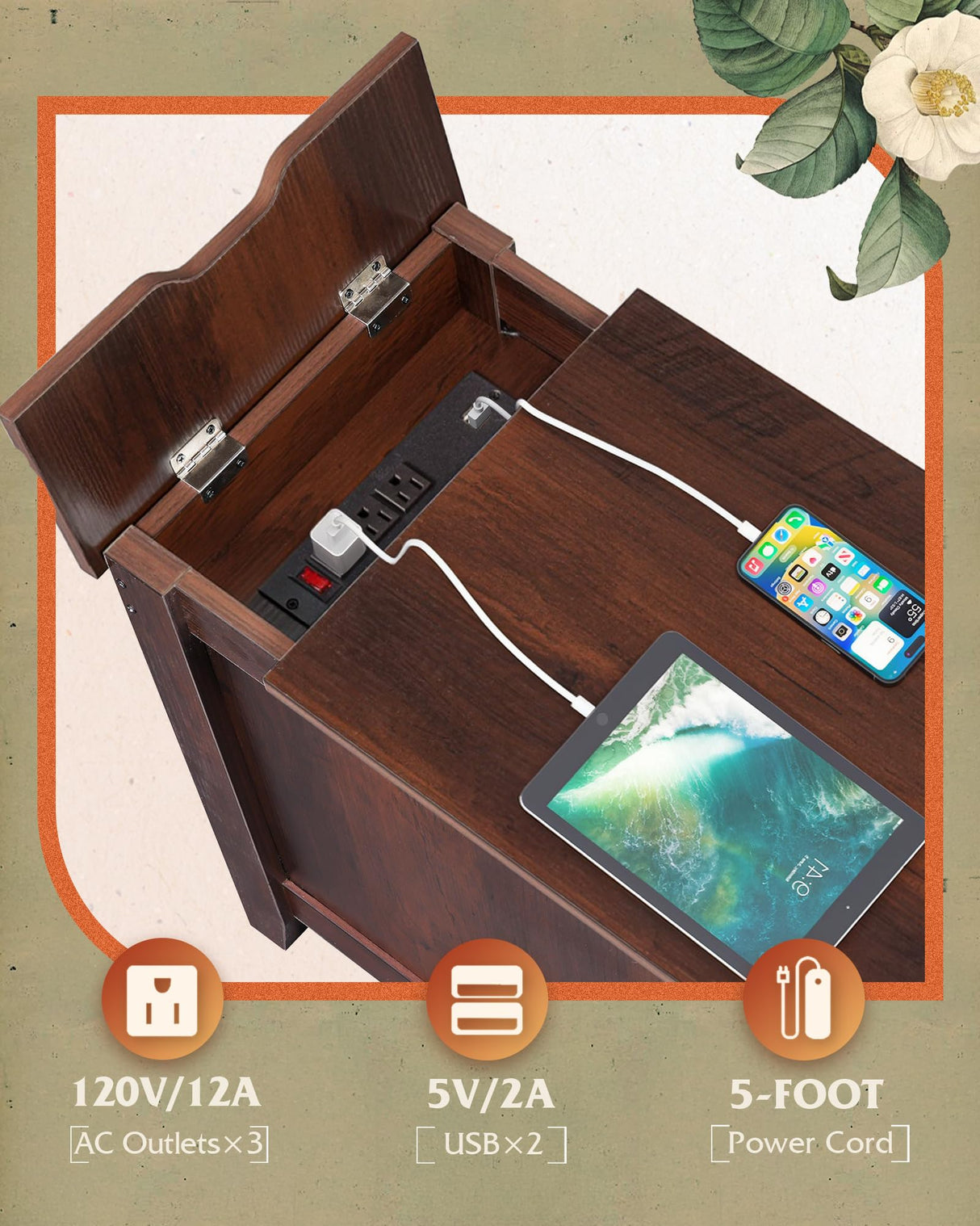 WLIVE End Table with Charging Station, Narrow Side Table for Living Room, Farmhouse Night Stand with Storage, Small Wooden Cabinet Nightstand with USB Ports and Outlets, 23.7" D x 13.78" W x 23.7" H WLIVE