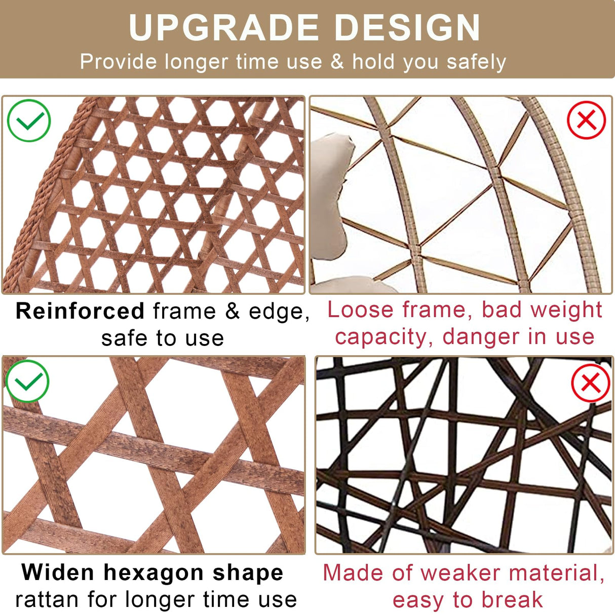 Double Swing Egg Chair with Stand, Foldable Wicker Hanging Swing for Outdoor Garden Patio, 2 Person Egg Chair Loveseat with Removable Cushions (Beige) iJLTMUU