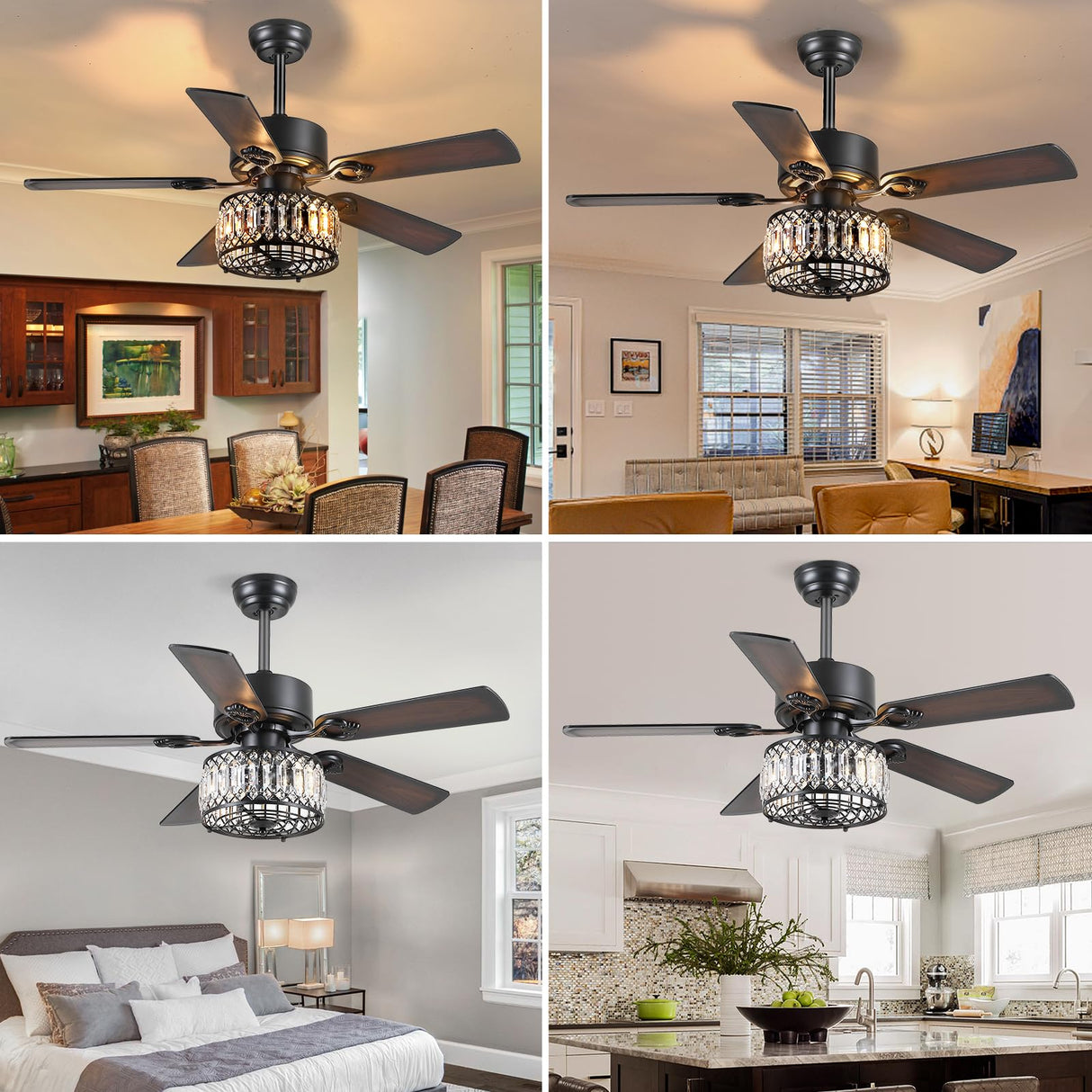 Kviflon Farmhouse Ceiling Fans with Lights and Remote, 48 Inch Indoor Chandelier Ceiling Fan with Light, Crystal Fandelier Ceiling Fans for Living Dining Room Bedroom, Wood Blades, Quiet, Black Kviflon