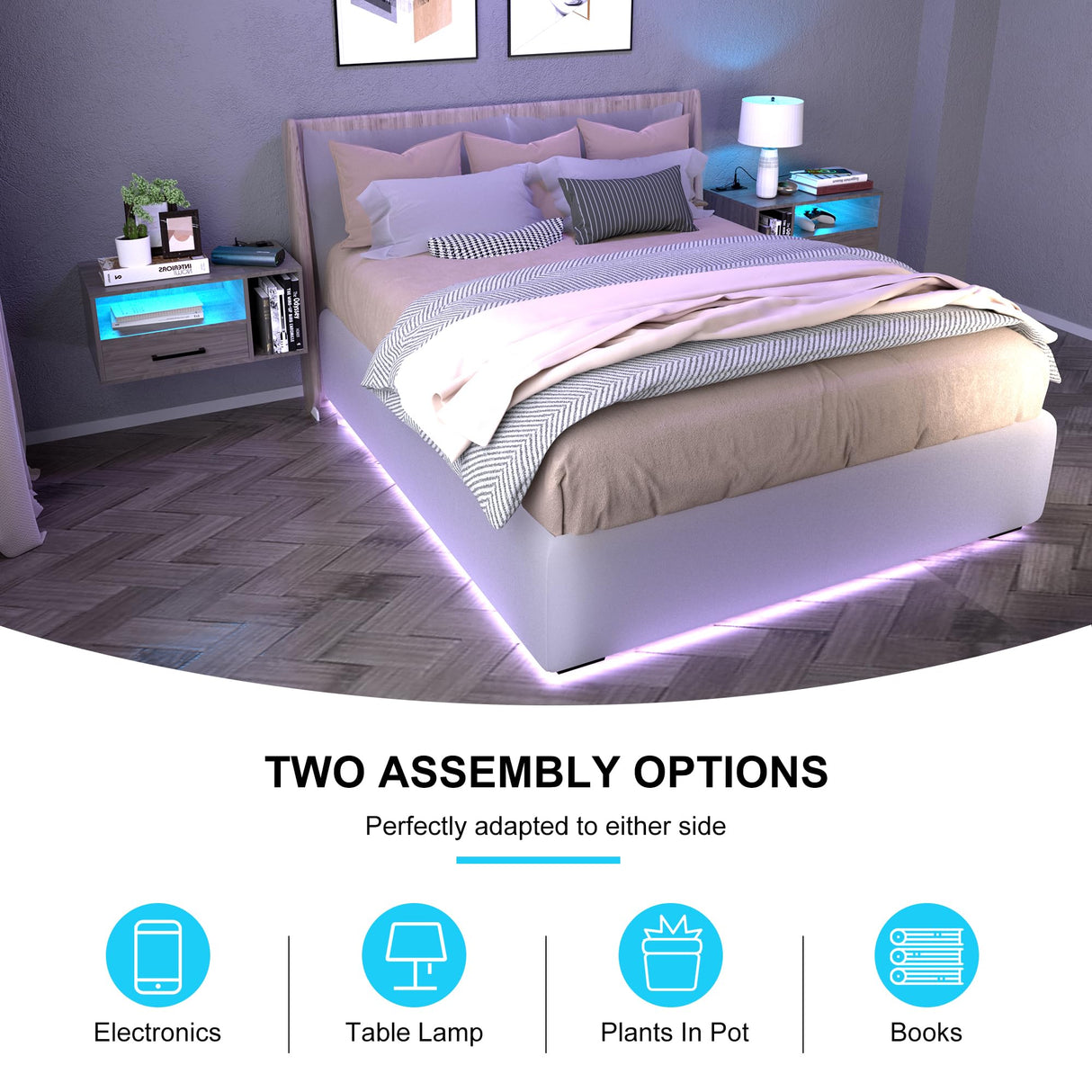 Bloddream Floating Nightstand with Charging Station and LED Light Strips, 21.3" Night Stand with Drawers, Floating Bedside with USB Ports and Outlets, Bedroom Furniture Bloddream