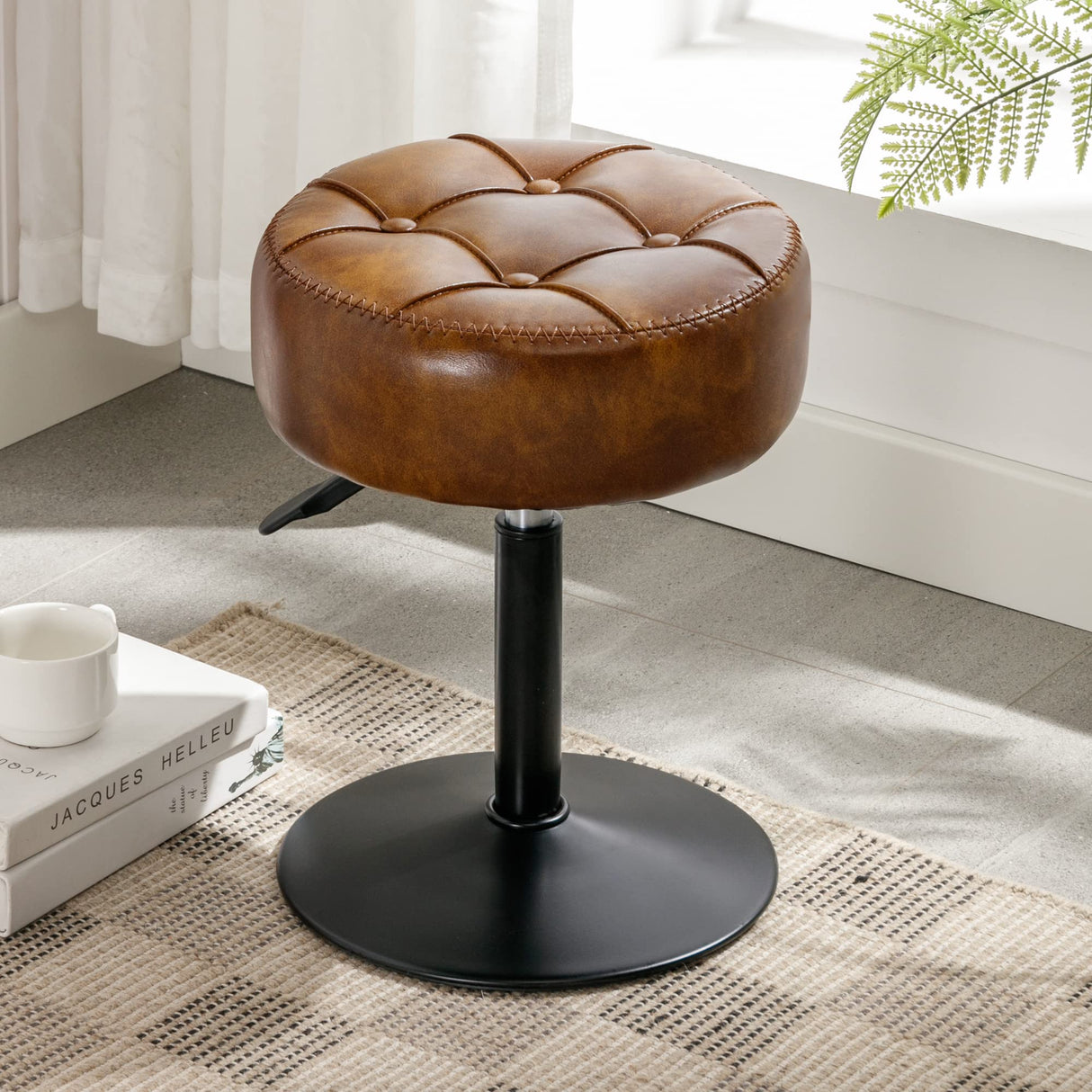 LUE BONA Adjustable Swivel Vanity Chair, Brown Faux Leather Stool for Makeup Room, Small for Bathroom, Living Room LUE BONA