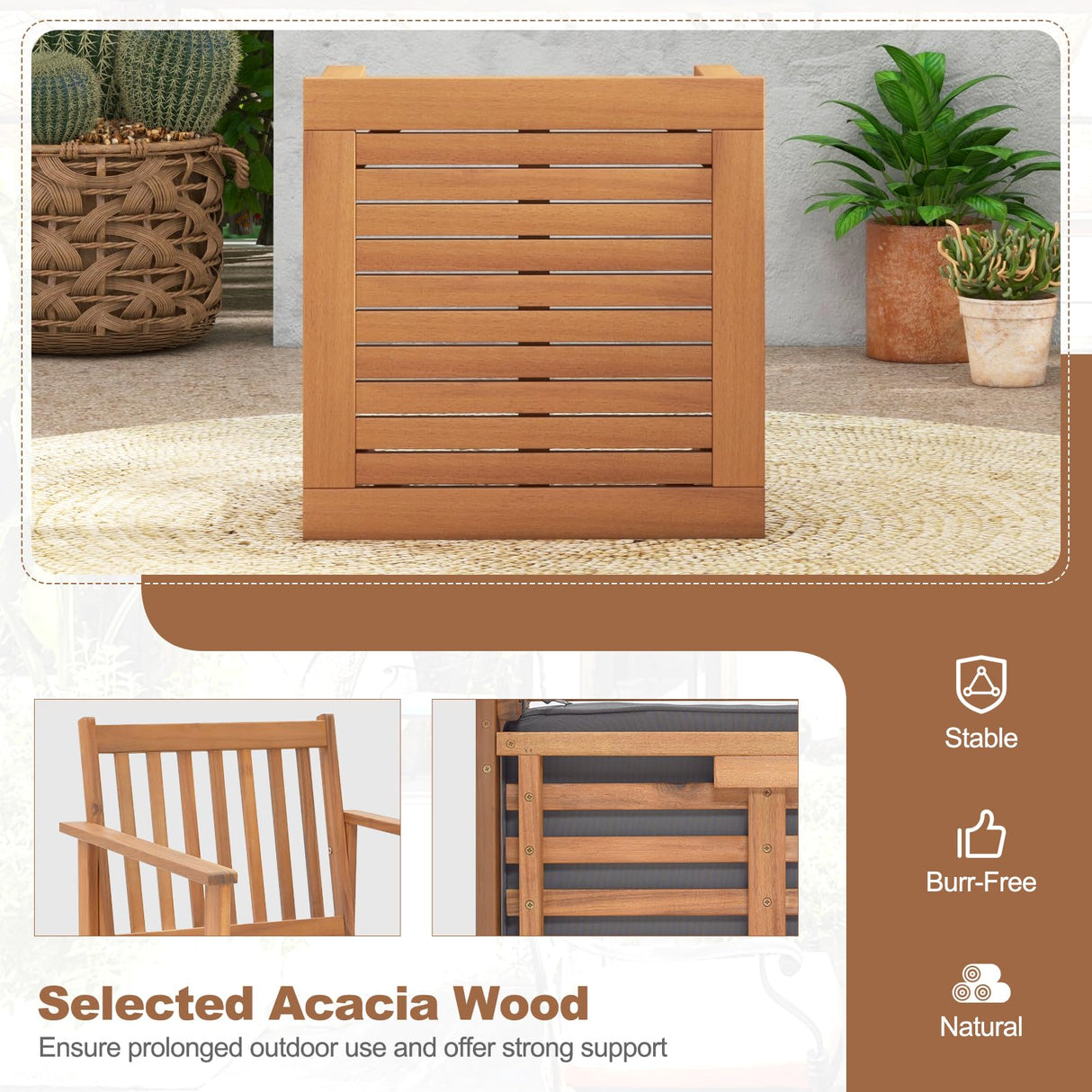 Tangkula 3 Pieces Patio Wood Furniture Set, Acacia Wood Chairs and Coffee Table Set with Soft Cushions, Slatted Design, Outdoor Furniture Set for Porch, Yard, Balcony (Grey) Tangkula