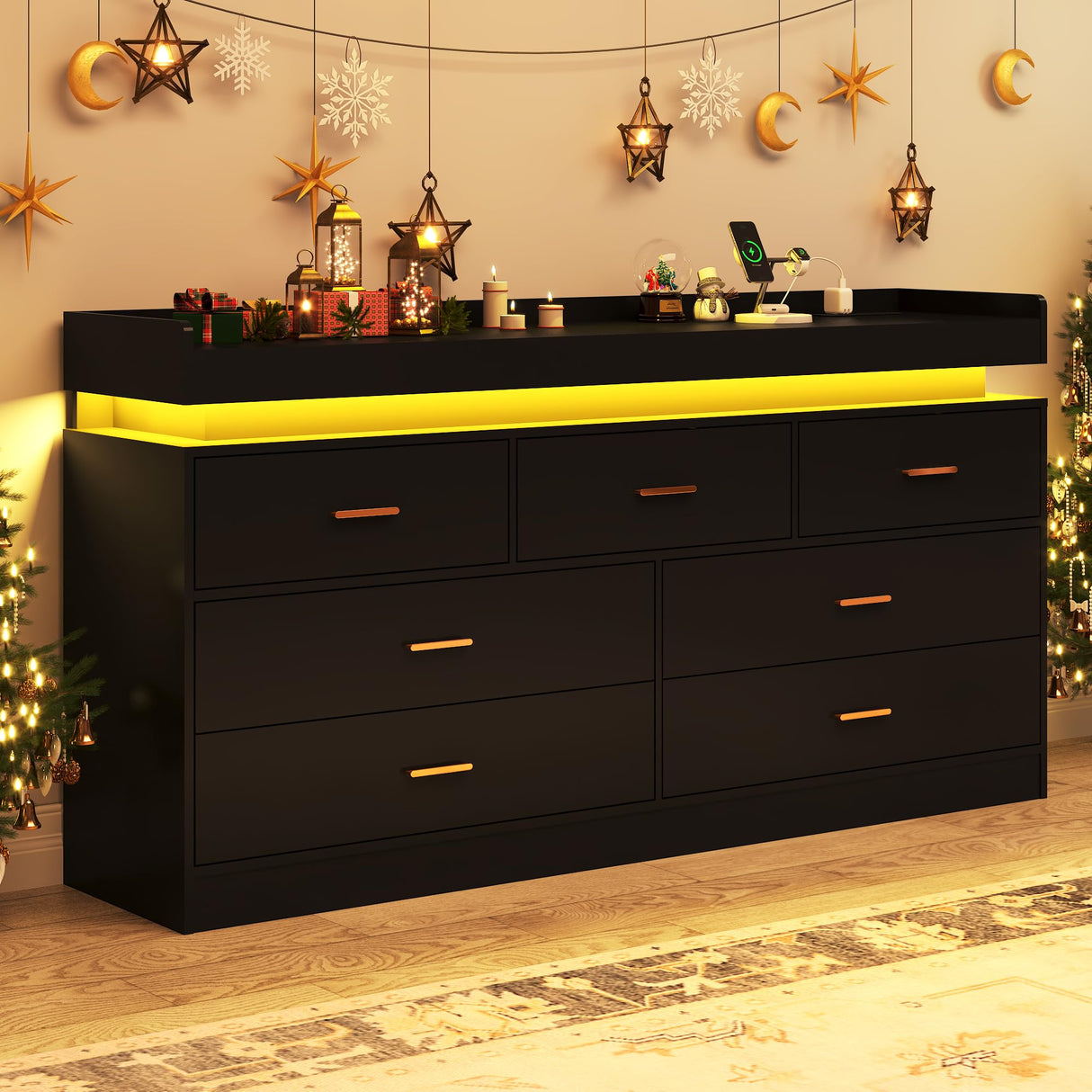 jiteentarou 7 Drawer Dresser with Charging Station and LED Lights, Modern Chest of Drawers with Power Outlet, Organizer Cabinet for Bedroom, Living Room, Entryway, Black jiteentarou