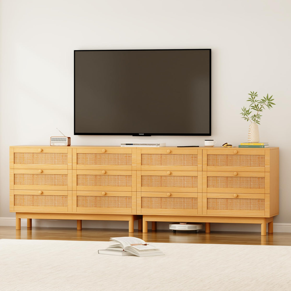 DHMAKER 6 Drawer Rattan Dresser for Bedroom, 48'' Modern Wooden Chest of Dressers with Spacious Storage, Beside Table for Closet, Entryway, Bedroom, Hallway, Living Room DHMAKER