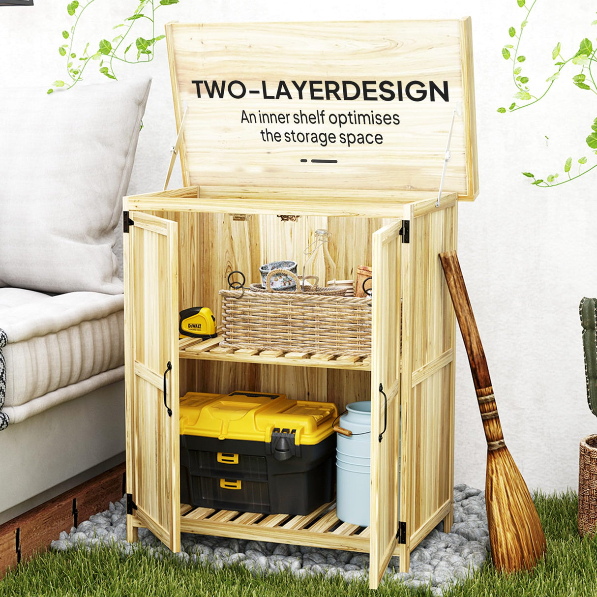 Outsunny Outdoor Storage Cabinet, Garden Tool Shed with Metal Tabletop and Shelf, Wooden Potting Bench with 2 Doors for Backyard, Patio, Lawn, Natural Wood Outsunny