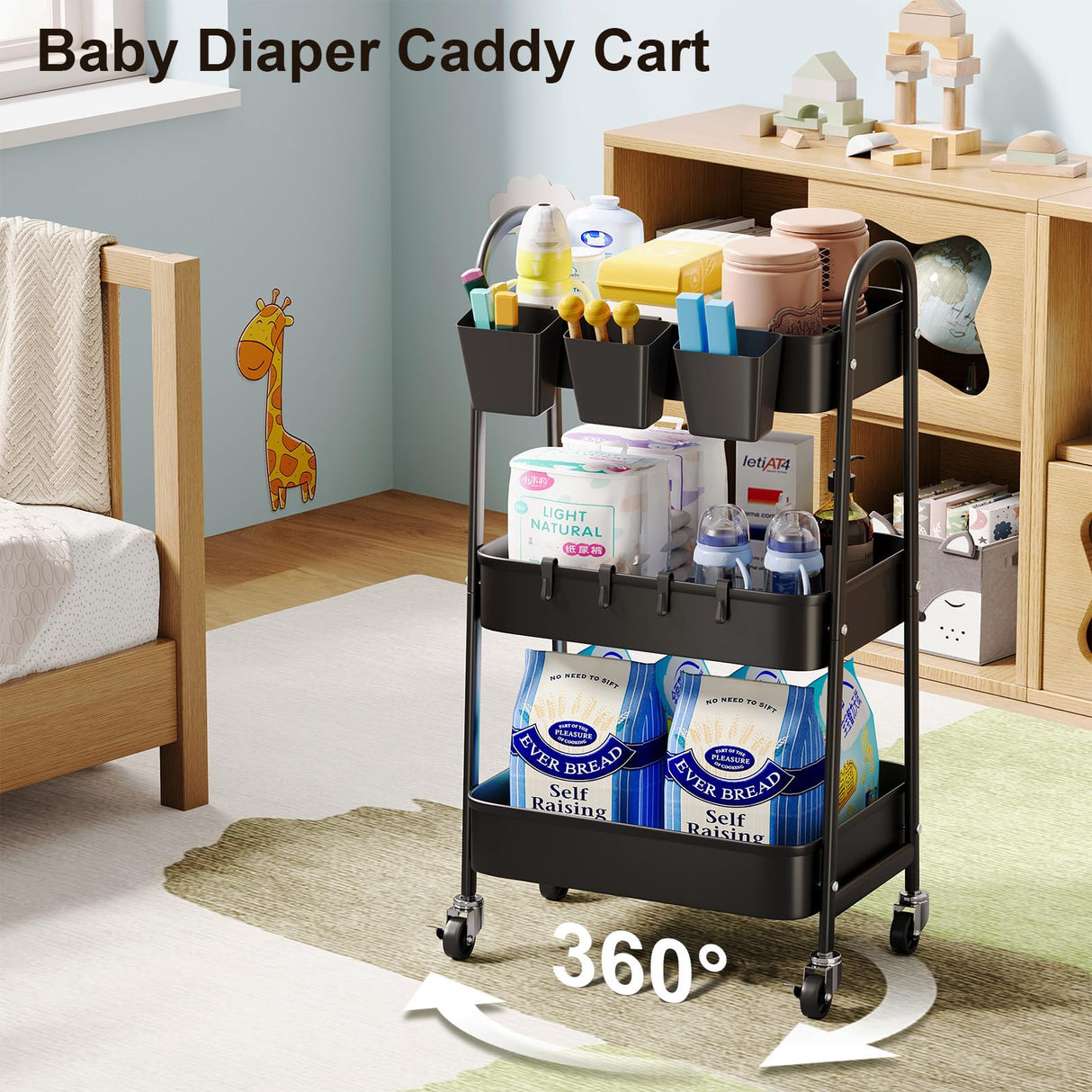 3 Tier Black Metal Rolling Cart with Lockable Wheels & Hanging Cups, Utility Storage Organizer for Bathroom, Kitchen, Laundry, Garage, Craft, Baby Diaper, Snack and Book, Easy Assembly Recximi