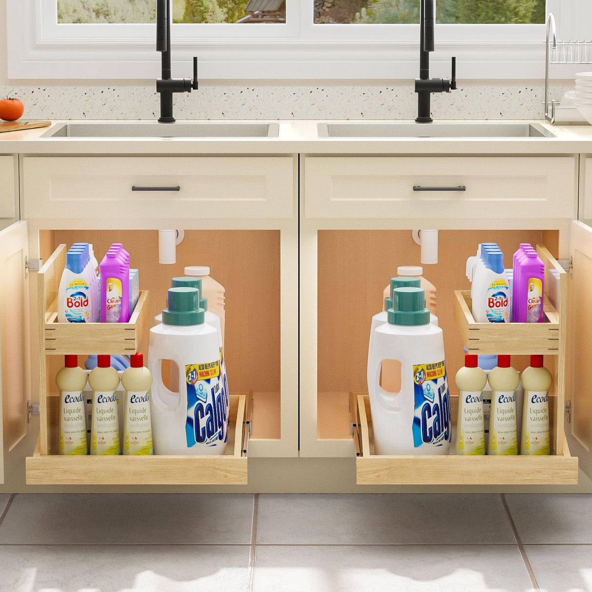 ROOMTEC Under Sink Organizers and Storage 19½” W x 21” D, 2 Tier Pull Out Cabinet Organizer with U Bracket, Adjustable Pull Out Cabinet organizer for Bathroom Kitchen(Left) ROOMTEC