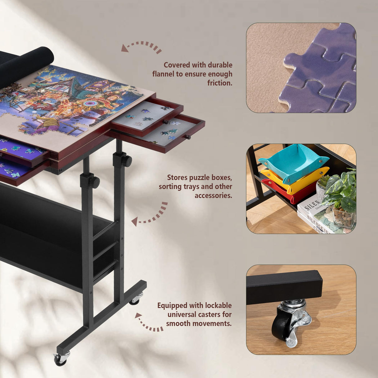 Tektalk 2000 Piece Foldable Puzzle Board with Height Adjustment, Jigsaw Puzzle Table with 2 Felt Cover & 8 Sorting Trays/Drawers, Puzzle Easel with Legs, Enclosed with 4 Roller Wheels (Black) Tektalk