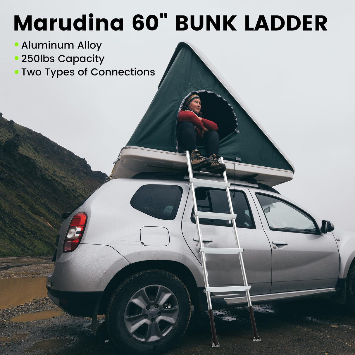 Marudina 61.5" Pre-Assembled Bunk Ladder, Adjustable 3 Levels of Height, Aluminum RV Bunk Bed Ladder with 4 Anti-Slip Steps, Non-Slip Feet, 2 Fixing Methods Marudina