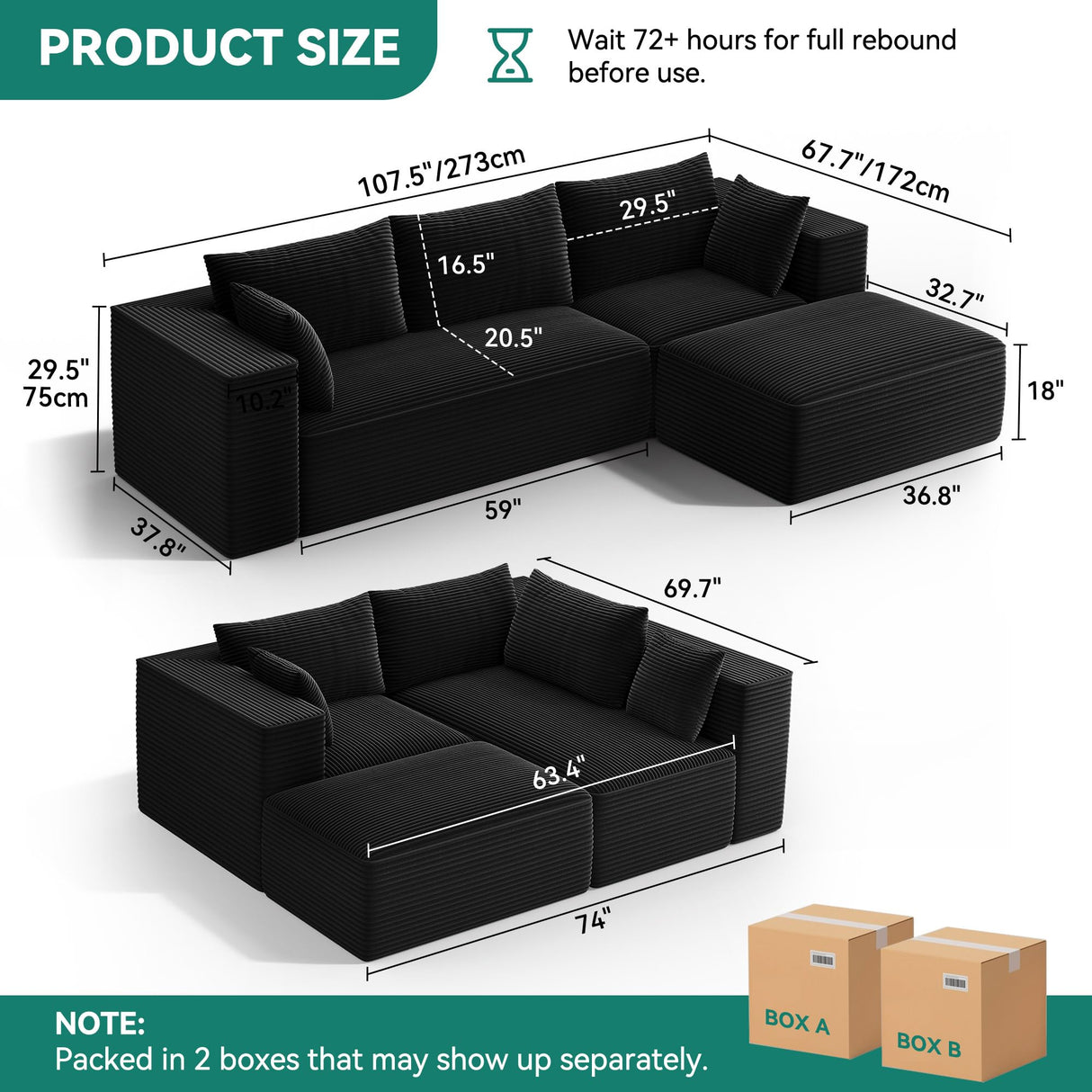 YITAHOME Cloud Sectional Couch with L-Shape Chaise, Modern Modular Sofa with Deep Seat, Upholstered Couches for Living Room Bedroom, No Assembly Required, Black YITAHOME