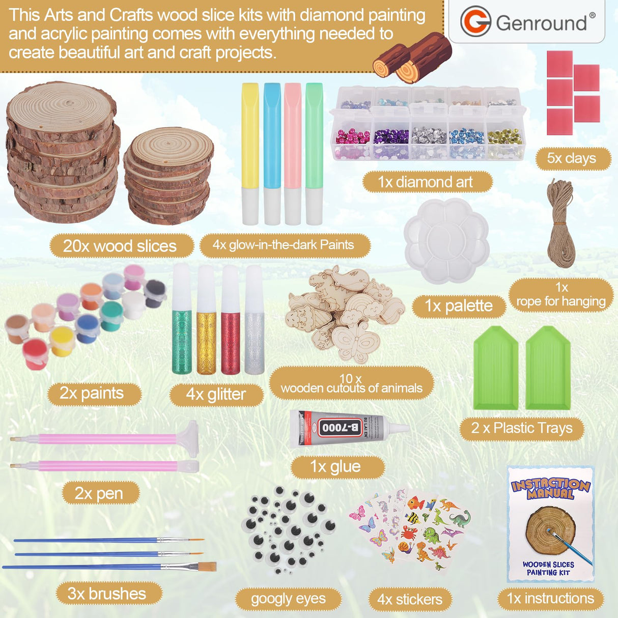 Genround Wooden Crafts Kit for Boys and Girls, Glow in The Dark,20pcs Wood Slices with Painting Craft Activities Kits,Creative Art Toys for Boys and Girls Genround