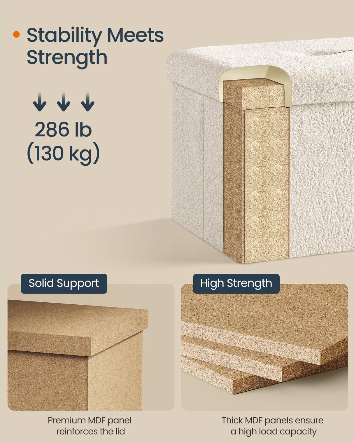 SONGMICS HOME Small Folding Storage Ottoman, Foot Rest Stool, 12.2 x 16.1 x 12.2 Inches, Ottoman with Storage, Load up to 286 lb, for Living Room, Bedroom, Dorm, Cream White ULSF094W01 SONGMICS HOME