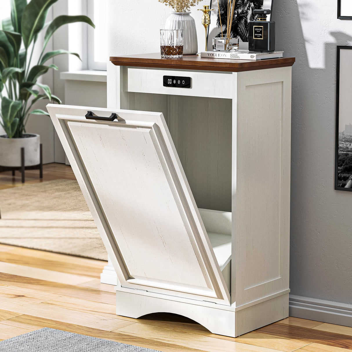 OUTGUAVA 13 Gallons Tilt Out Trash Cabinet Free Standing Kitchen Trash Bin Cabinet Recycling Garbage Cabinet with Deodorizing Function Pet Proof Trash Can Holder for Kitchen Living Room, Antique White OUTGUAVA