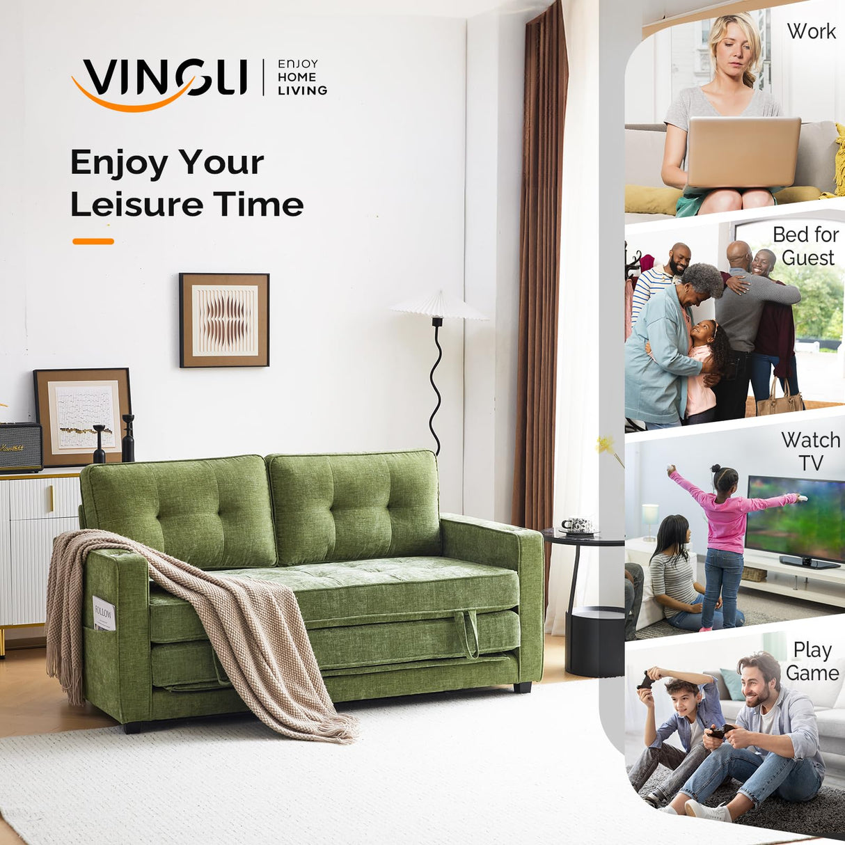 VINGLI Sofa Bed Full Size Pull Out Couch Bed Olive Green Futon Couch 64" W 84" L Loveseat Sleeper Floor Couches for Living Room Convertible Loveseat Sofa Foldable Sofa Bed VINGLI