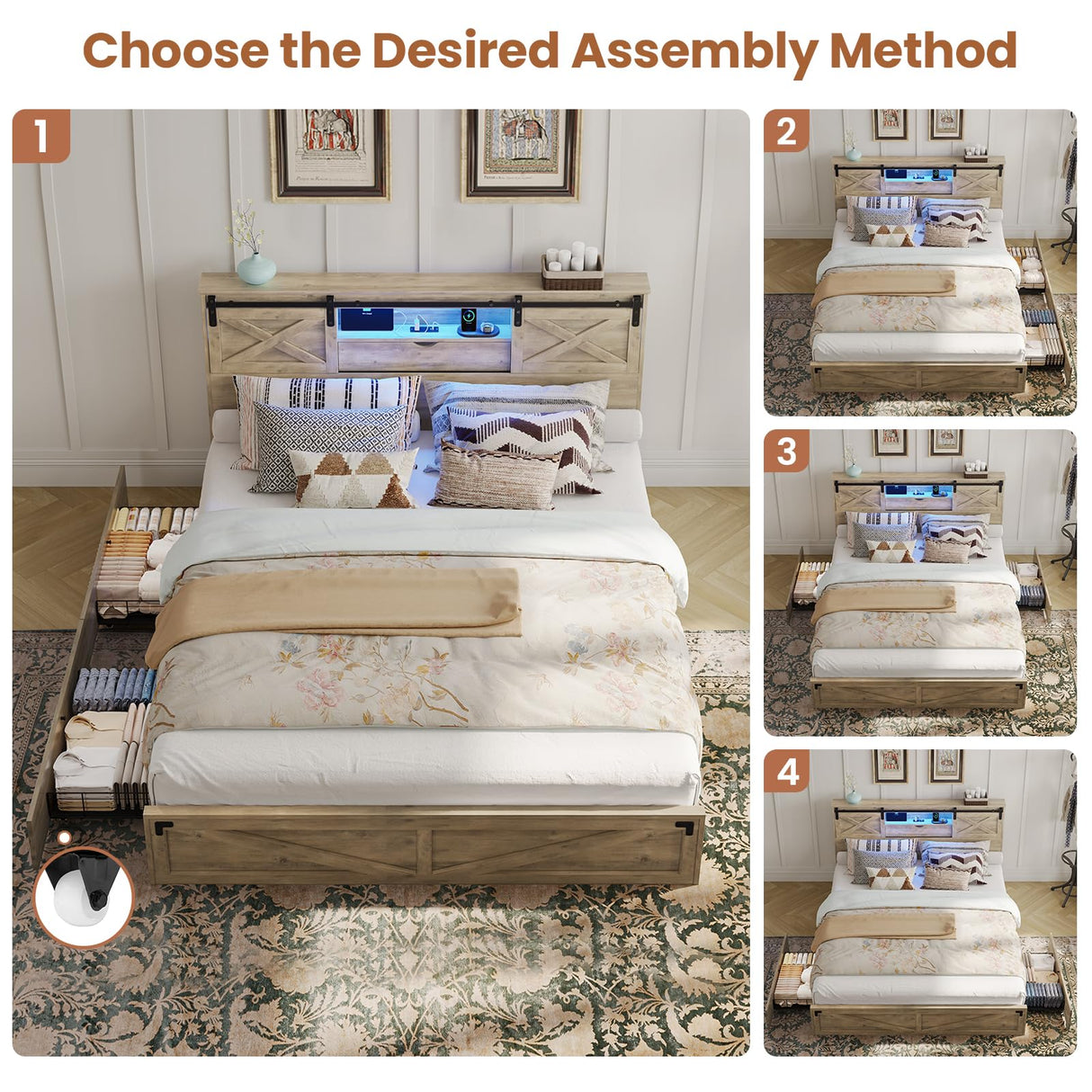 Hasuit Farmhouse Bed Frame California King Size with Storage Bookcase Headboard, Wooden Cal King Bed with LED Lights, Charging Station, 2 Drawers, Country Rustic Bed Frame with Sliding Barn Door Hasuit