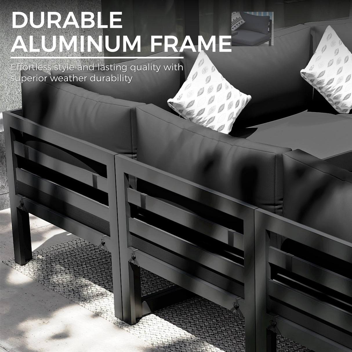 NICESOUL 7 Piece Modern Aluminum Outdoor Furniture Set with Fire Pit Propane/Gas, 29 inch Deep Wide Seat, All Weather Patio Conversation Set, L Shaped Modular Sectional Sofa for Backyard, Dark Gray NICESOUL