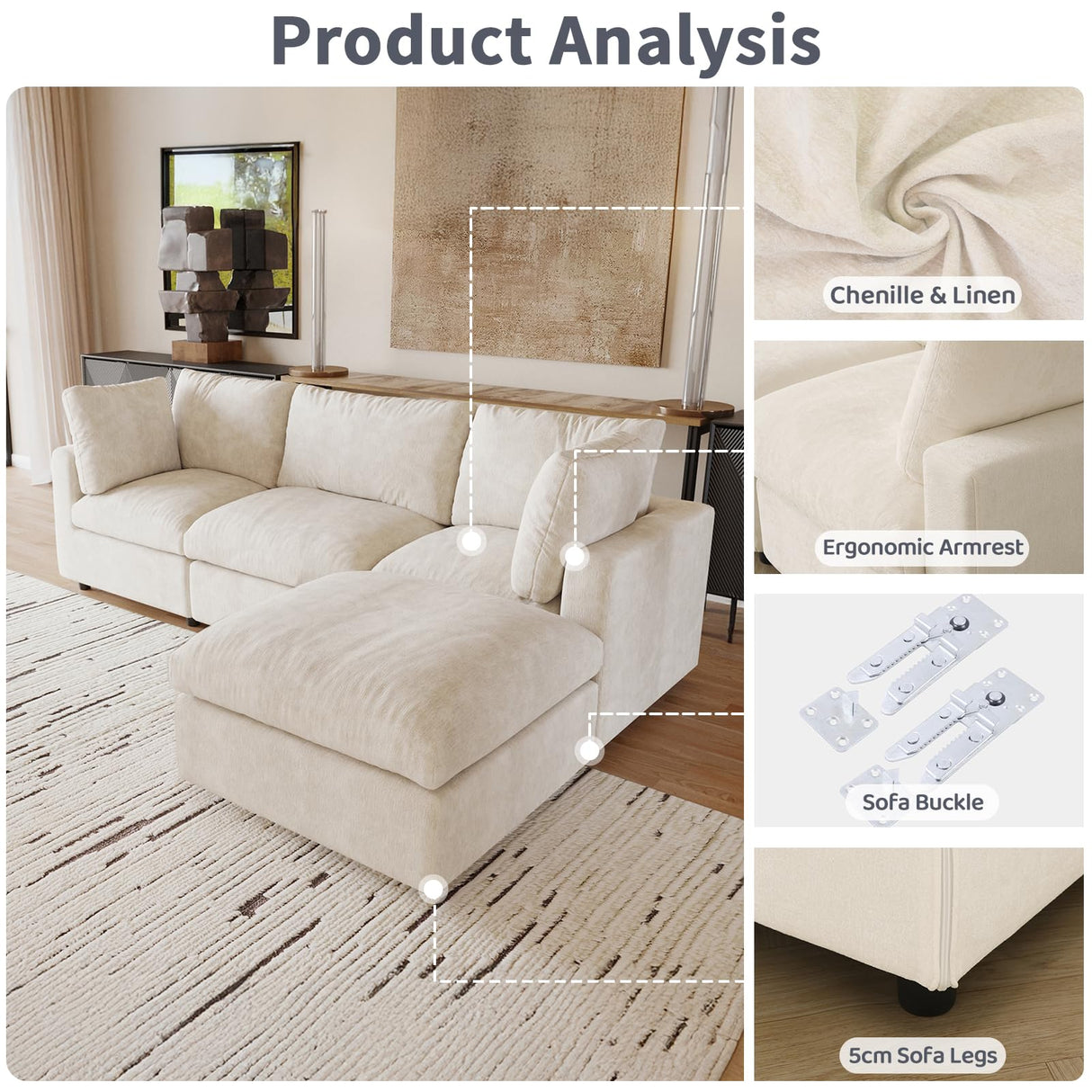 Cloud Sectional Couches for Living Room,100.5" Convertible L Shaped Couch with Ottoman, 4 Seater Modular Sectional Sofa,Deep Seater Furniture Sets,Beige WJShome