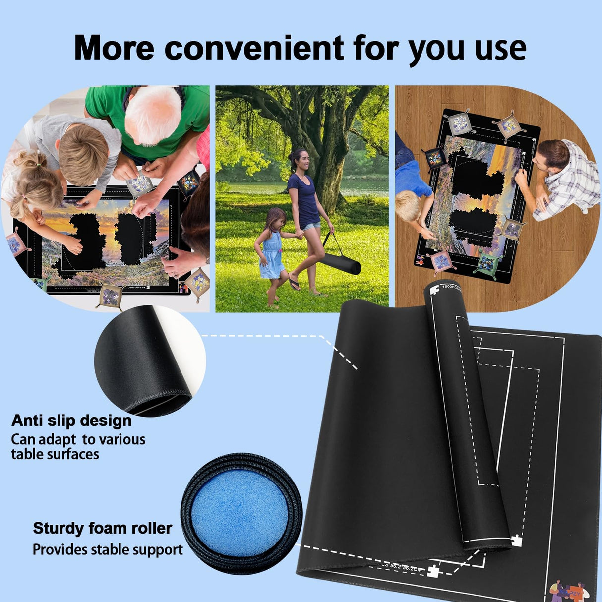 GOECI Puzzle Board 1500 Pieces, Rubber Puzzle Mat, Puzzle Mats for Jigsaw Puzzles 1000, Puzzles Board Roll Up to 1500pcs with 6 Sorting Trays Jigsaw Puzzles Mat Roll Up Jigsawn Pad Saver Keeper GOECI