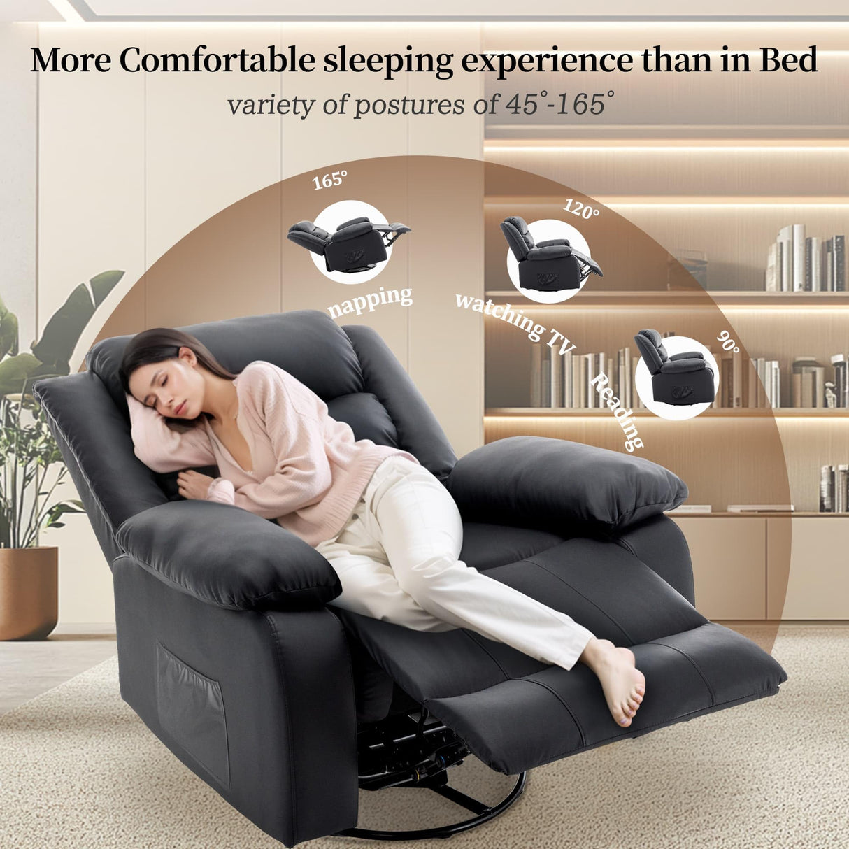 Recliner Chair, Wide Rocker Chair, Pet-Friendly Design, Large Rocking Chair with Massage and Heat,360°Swivel Nursery Rocking Chair, Oversized Recliner for Adults, Black Reclining Sofa for Living Room Korser
